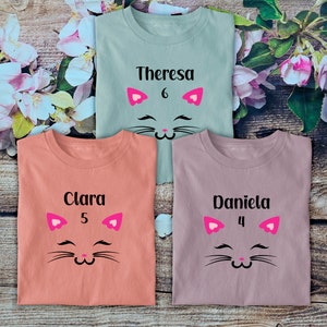 Birthday Shirt Cat Face Girl Long Sleeve Birthday T-Shirt personalized with name Birthday 1 2 3 4 5 6 7 8 9 years image 9