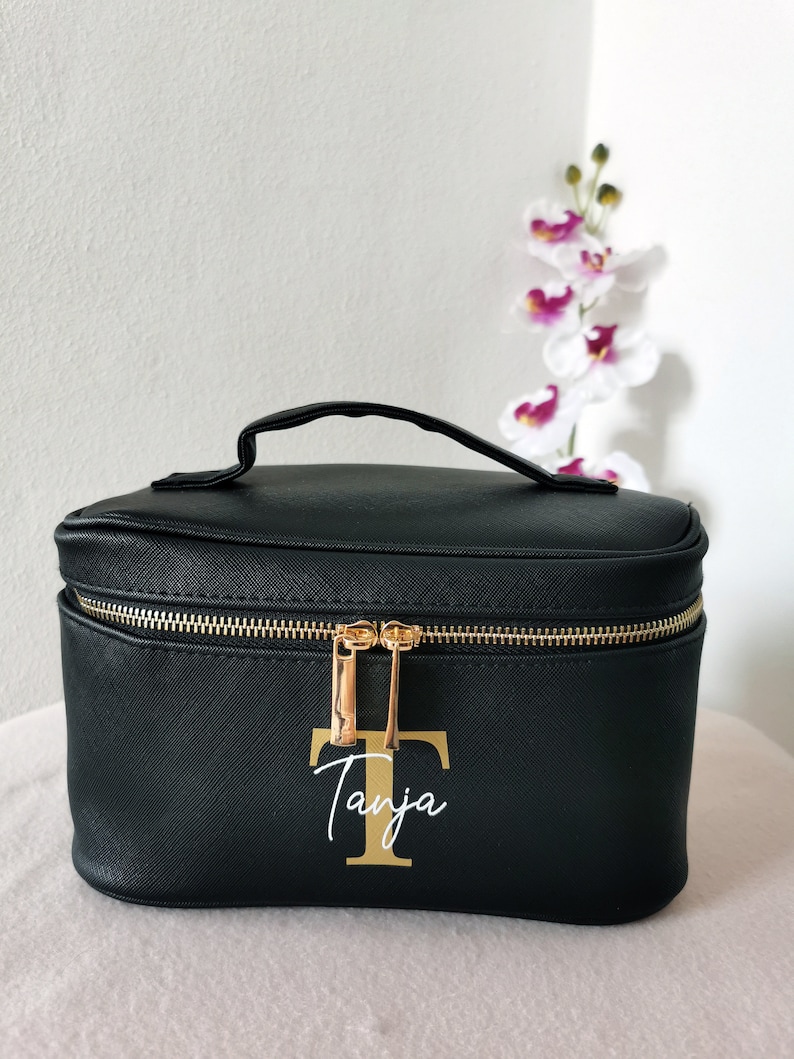 Personalisierte Kosmetiktasche mehrere Fächer Make Up Aufbewahrung mit Initiale und Name Saffiano Kunstleder Kosmetiktasche groß Bild 3