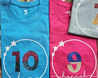 Glitter Birthday Shirt for Girls, Short and Long Sleeve | Personalized Birthday T-Shirt with Name and Number | 5 6 7 8 9 10 Years