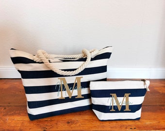 Maritime Tasche mit Streifen Seil | Strandtasche XXL | Tasche mit Namen | Taschen Set mit Kosmetiktasche personalisiert