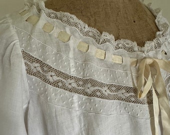 Aristocratic Antique Blouse With Lace Trims , Original Ribbon, Hand Embroidery, Monogram And Crown. Beautiful Antique Fine Linen Blouse.