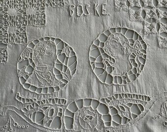 Antique Linen Curtain With Hand Embroidery. Antique Curtain With The Name Böske Embroidered With Family Portraits. Antique Handmade Curtain