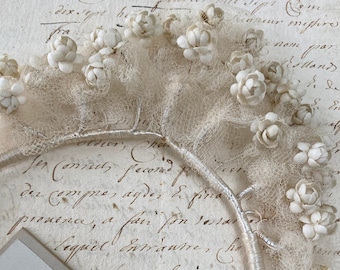 French Antique Bridal Tiara With Miniature Roses And Frothy Tulle.