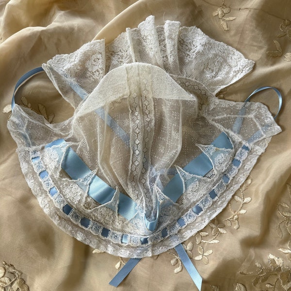 Edwardian Lace Bonnet With Blue Ribbon Trim . Pretty Antique Lace Bonnet