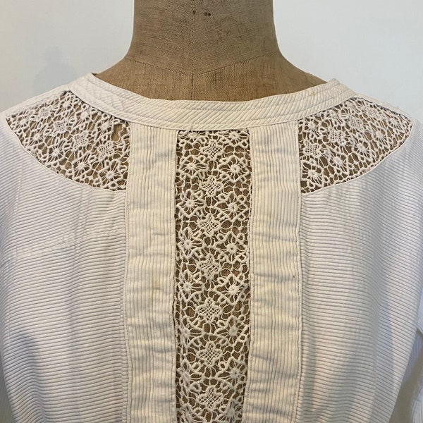 French Antique Blouse Made in Cotton Pique And With Lace Inserts. Antique Blouse With Lace Trims. Tucks At Waist. Poppers Down The Back.