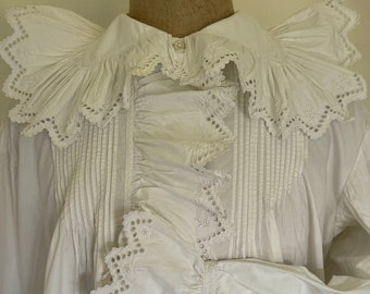 French Antique Blouse With Fabulous Hand Embroidered Frills On The Collar, Cuffs And Front Placket. Stunning White Cotton Blouse With Frills