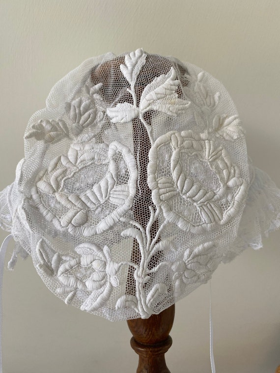 Exquisite French Antique Tulle Bonnet With Floral 