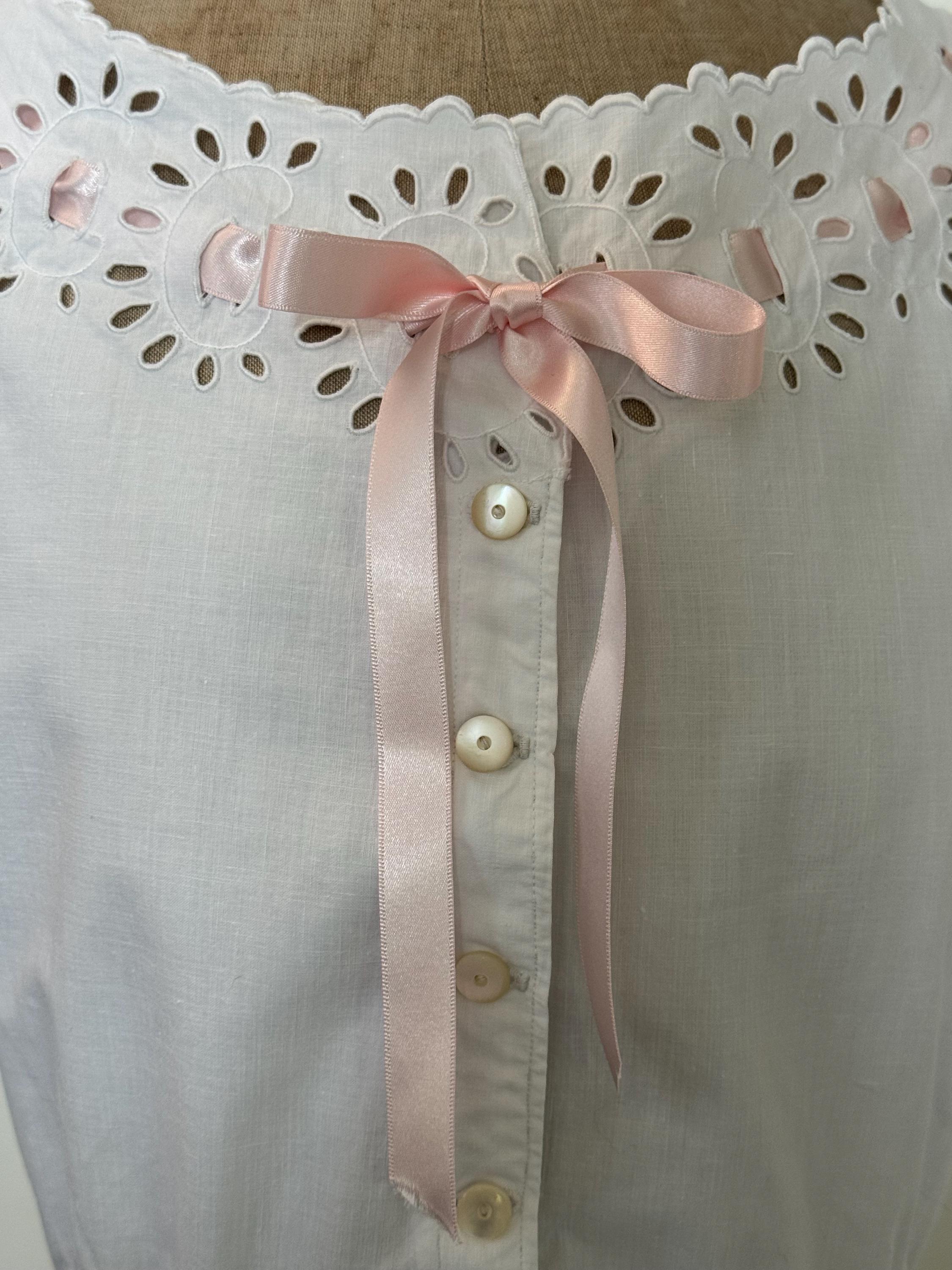 Antique French Cotton Corset Cover: Hand Embroidered Cutwork, Pink 