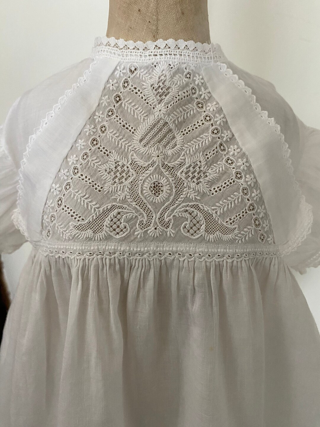 Antique Christening Gown With Stunning Ayrshire Embroidered Bodice. Mid