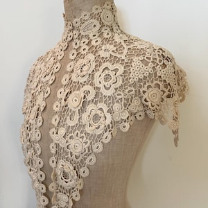 19th Century Irish Crochet Lace Capelet Made By Hand. Magnificent Antique Irish Crochet Lace Collar.