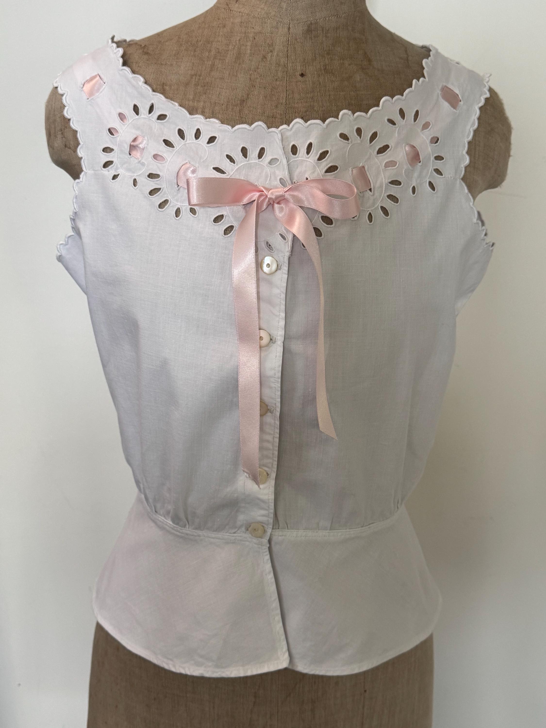 Antique French Cotton Corset Cover: Hand Embroidered Cutwork, Pink 