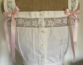 French Antique Corset Cover With Inserts Of Lace And Mother Of Pearl Buttons. French Antique Cotton Camisole With Monogram M.R.