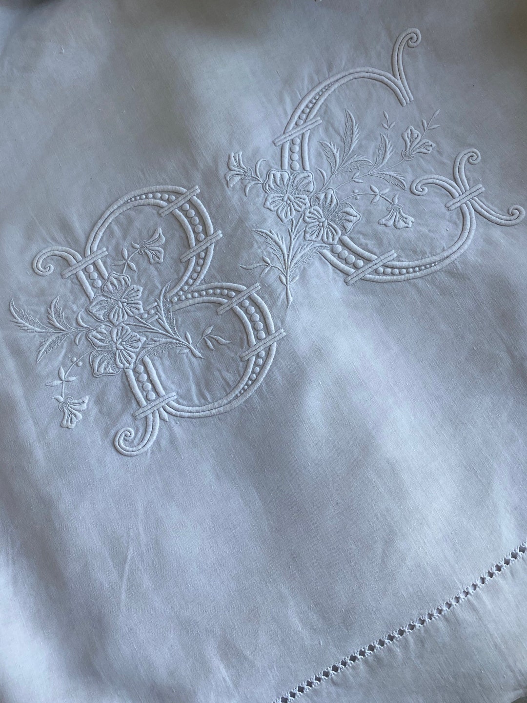 Large Antique French Bedsheet With Beautiful Embroidered Monogram