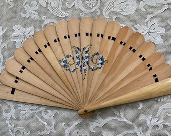 Antique Austrian Fan With A Hand Painted Monogram Of The Letter M. Antique Wooden Handheld Fan With Hand Painted Floral Monogram.