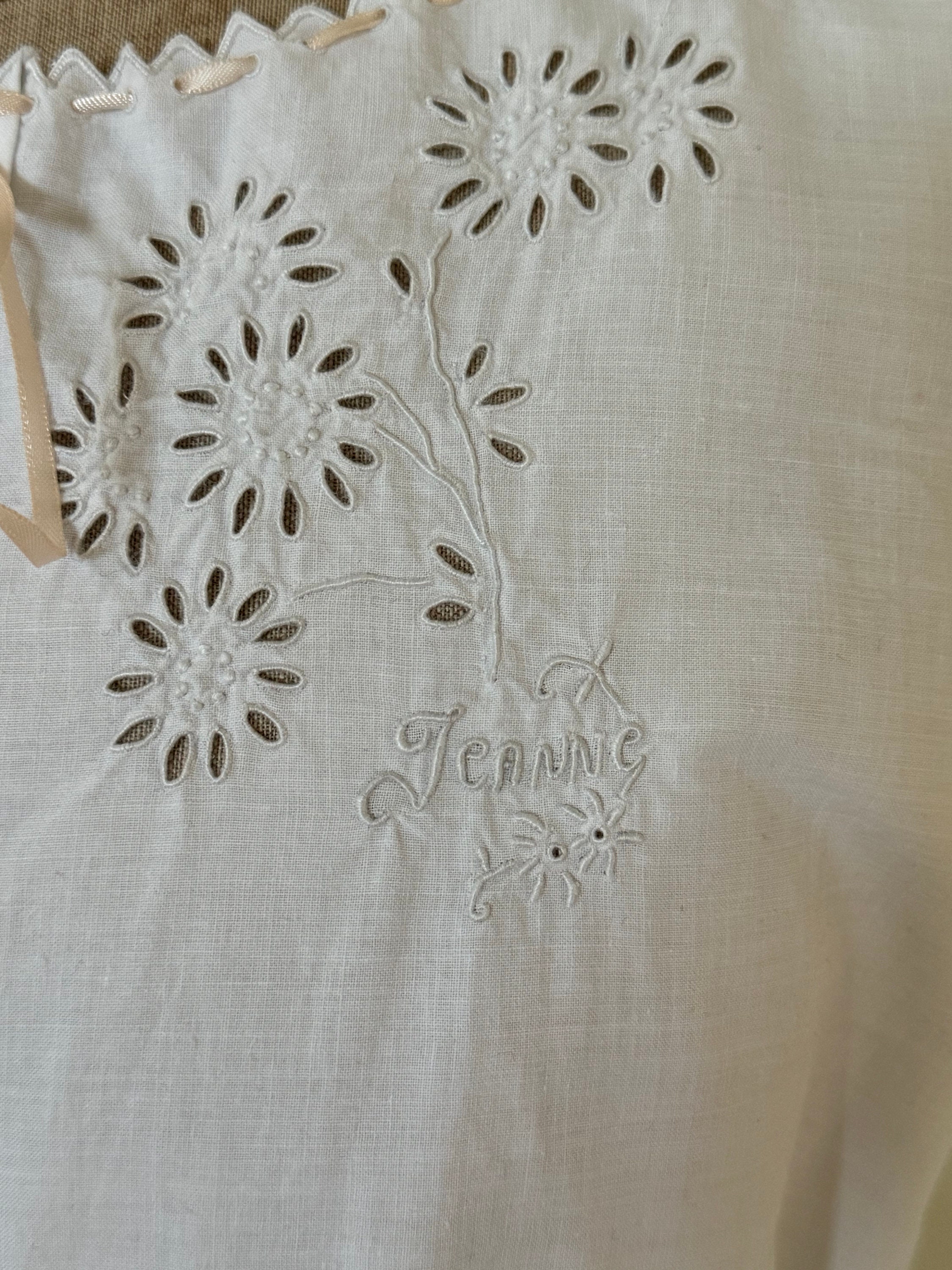 French Antique Cotton Corset Cover: Hand Embroidered Cutwork, Name 