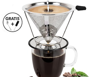 GRASSHOPPER - Premium stainless steel reusable coffee filter including brush + coffee spoon - suitable for: Chemex, Hario, Bodum and many more.
