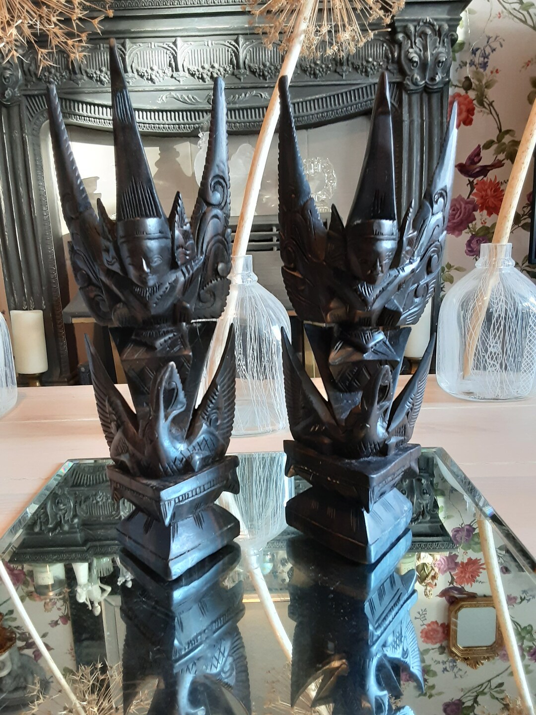 Pair of Carved Wooden Indonesian Deity Figurines Winged God Etsy