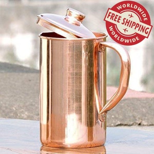 100% Pure Copper Jug Pitcher And Copper Tumbler Glass Set | Lining Design With Copper Knob | Ayurveda Yoga Health Benefits Handcrafted