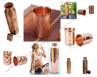 Pure Copper Water Bottle for Drinking & Serving Leakproof Ayurveda Health Benefits Indian Traditional Art Gift of Love Premium Copper Bottle