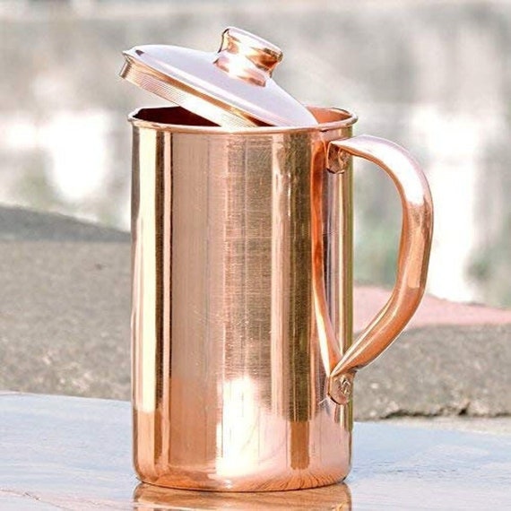 India Handmade Copper Jug 1.5ltr Drinking Water Storag Pitcher Lid Yoga Ayurveda 