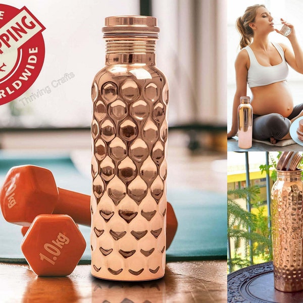 100% Pure Copper Bottle Set of 3 Pieces Traditional Hammered Copper Water Bottle Gift of Love Premium Copper 32 Oz Drinkware