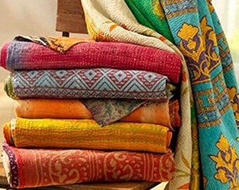 Große Menge indischer Vintage Kantha Quilt Indischer Sari Quilt Kantha Decke Antike Kantha Tagesdecke Bettwäsche, Boho Kantha Quilts