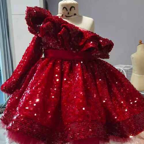 Red Baby Girls Giftssequins Princess Flower One Shoulder Etsy