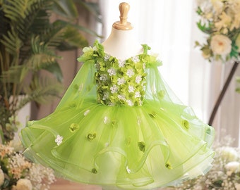 Three Dimensional Flower Applique Princess Dress Green Lace Tulle Pageant Dress Fairy Dress Wedding Bridesmaid Dress Flower Girl Dress