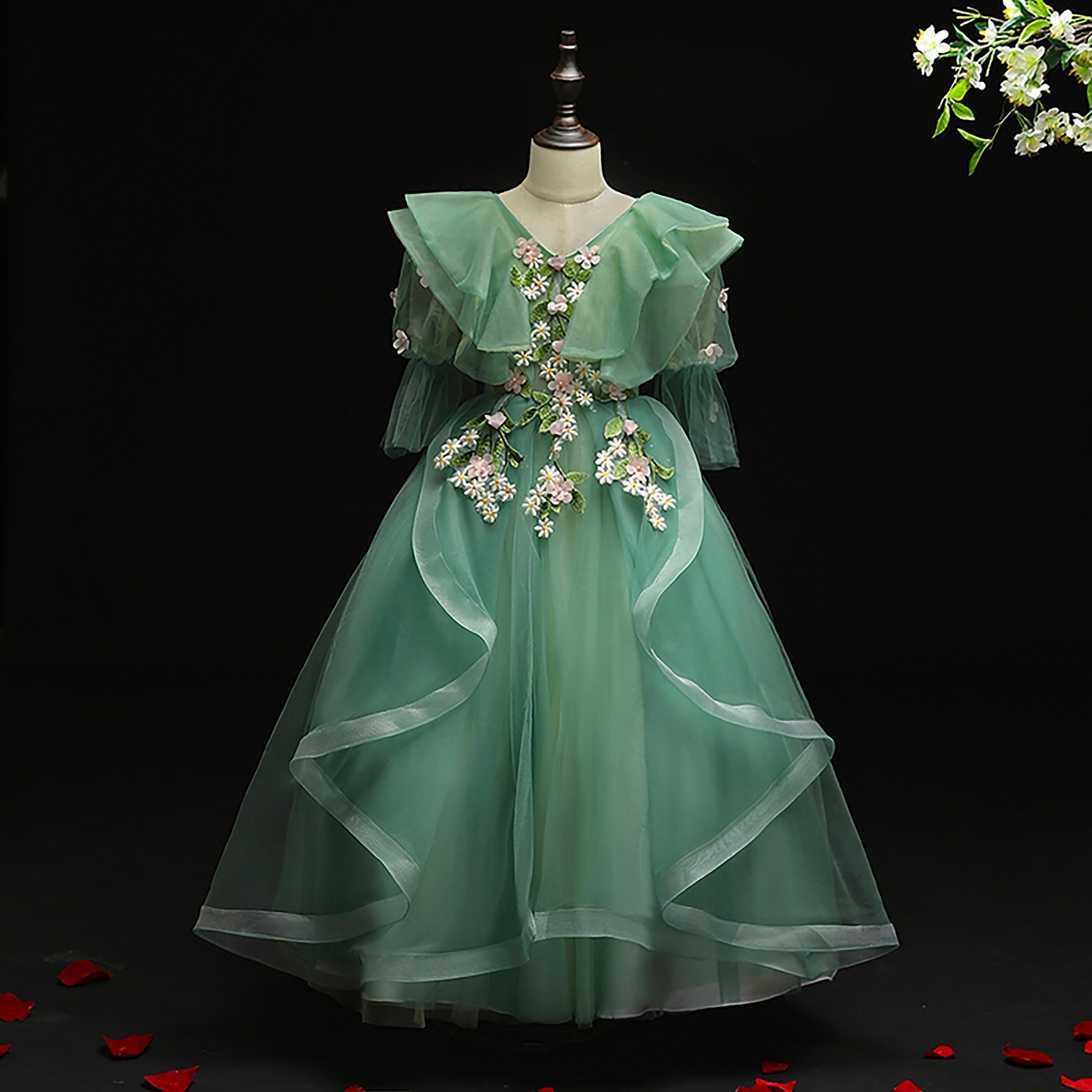 Green Lace Girl Princess Dress For Weddings Party Embroidery Etsy