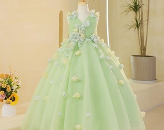 Green Sleeveless Tulle Princess Dress Flower Girl Wedding Dresses Flower Applique Girls Prom Dress V Neck Puffy Formal Dresses Pageant Dress