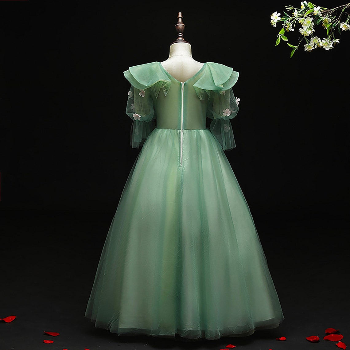 Green Lace Girl Princess Dress For Weddings Party Embroidery Etsy