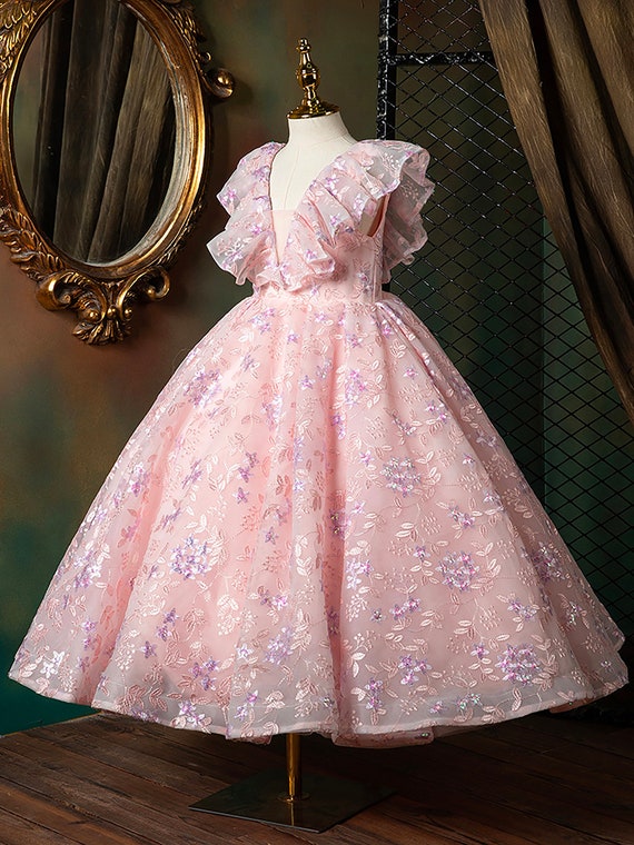 Pink Lace Girls Dress Princess Embroidery Flower Summer 