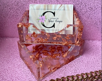 Rose Gold Foil Flake Resin Business Card Holder| Handmade office supplies for business owners