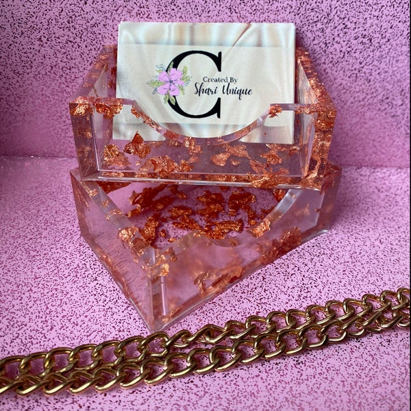 Rose Gold Foil Flake Resin Business Card Holder| Handmade office supplies, Matching set available