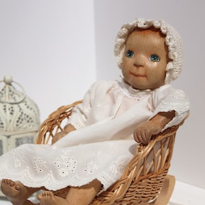 Eco Doll. Wooden Doll OOAK hand carved wood Baby with Soft body + GIFT Vintage Wicker Doll Chair, Collectible Doll, , Unique Gift