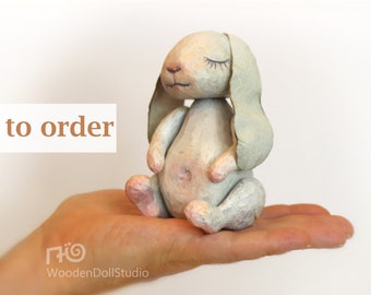 White Bunny Holz schnitzen, beweglich, Made TO ORDER, OOAK Art Doll Tier, Holz White Rabbit für Sammlung, weißer Hase, Geschenk für sie