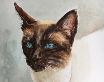 High Quality Print of HAND PAINTED original Watercolour.  Siamese Cat.  Unique Gift Present for Cat Animal Pet lovers