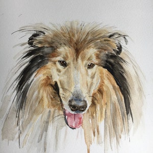 Stampa di alta qualità di HAND PAINTED originale Acquerello.  Collie, Rough Collie, Cane.  Regalo unico presente per gli amanti degli animali da cane
