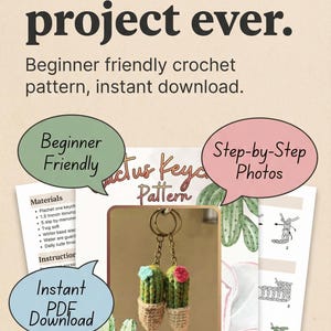 May include: A crochet pattern for a cactus keychain. The image shows a finished keychain with two small cactus plants, each with a different colored flower. The pattern is beginner-friendly and includes step-by-step photos and an instant PDF download.