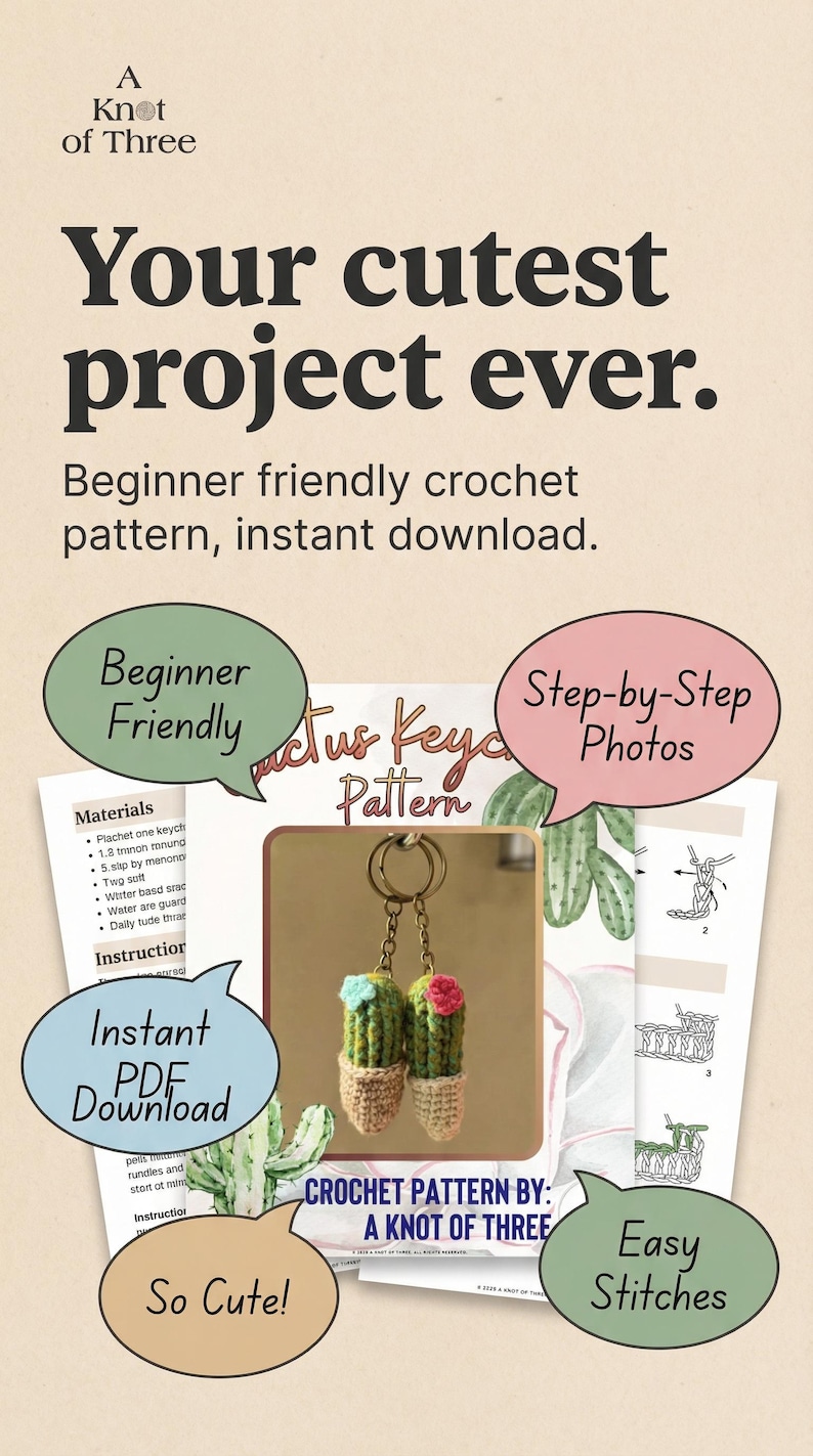 May include: A crochet pattern for a cactus keychain. The image shows a finished keychain with two small cactus plants, each with a different colored flower. The pattern is beginner-friendly and includes step-by-step photos and an instant PDF download.