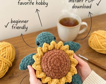 Virkmönster till Sunny, solrossköldpaddan, amigurumi-handledning utan sömnad (PDF-nedladdning)
