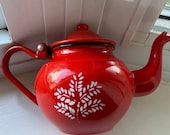Vintage French Enamel Japy Teapot Red Enamel With White Flowers