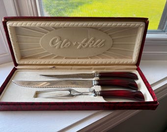 Juego de trinchar de baquelita Glohill, tenedor, cuchillo, afilador, Glo Hill vintage rojo burdeos, caja original, hecho en Canadá.
