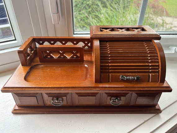 Vintage Mens Wood Dresser Box, Valet, Wood, Wallet, Dresser, Top Organizer, Jewelry Box, Roll Top