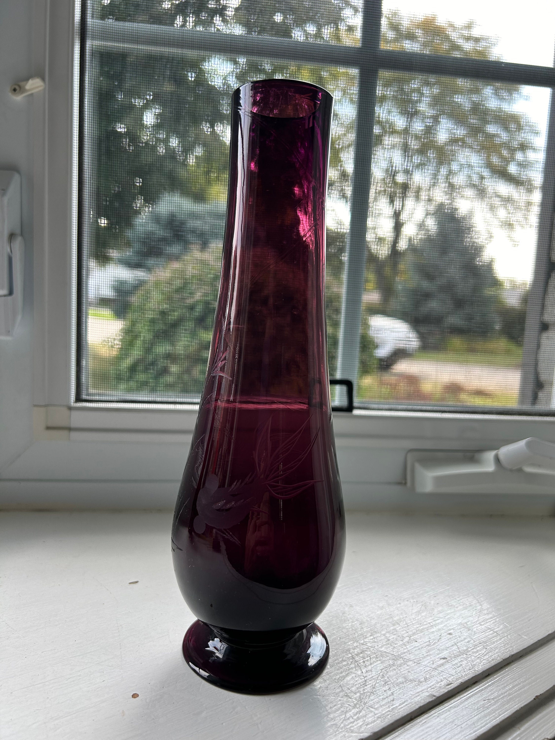 Vintage Amethyst Purple Etched Vase, Goldfish Etched Glass Vase