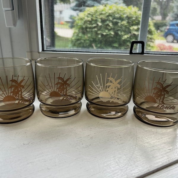 MCM Tawny Lowball Glasses With Florida Sunset, Set of 4, Retro 1960s Glassware Barware