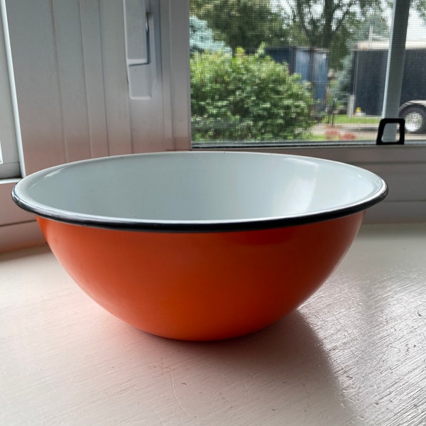 Vintage Orange Enamel Mixing Bowl, Rustic Farmhouse Kitchen Decor, Vintage Gift for Campers, Halloween Candy Bowl