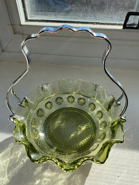 Vintage Green Glass Serving Dish With Metal Handle Etsy