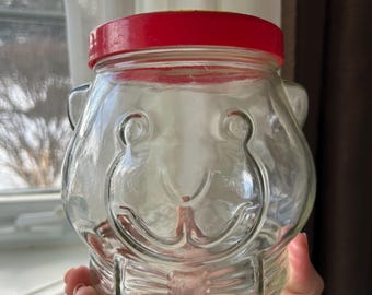 Vintage Kraft Bear Jar, Bear Head Glass Jar, Glass Bear Canister, Kraft Peanut Butter Jar