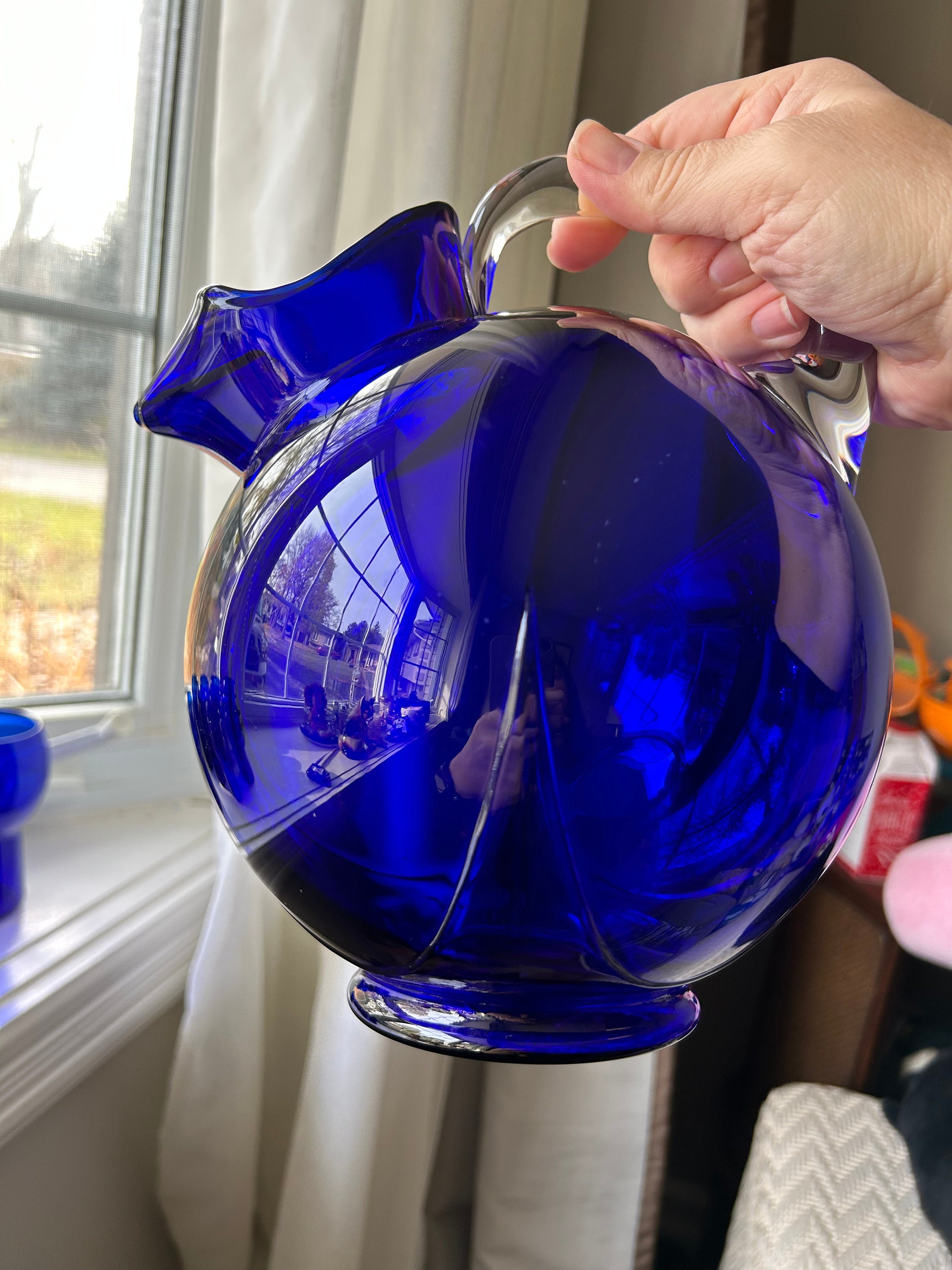 Vintage Cambridge Cobalt Blue Pitcher and Mushroom Glasses, Ball